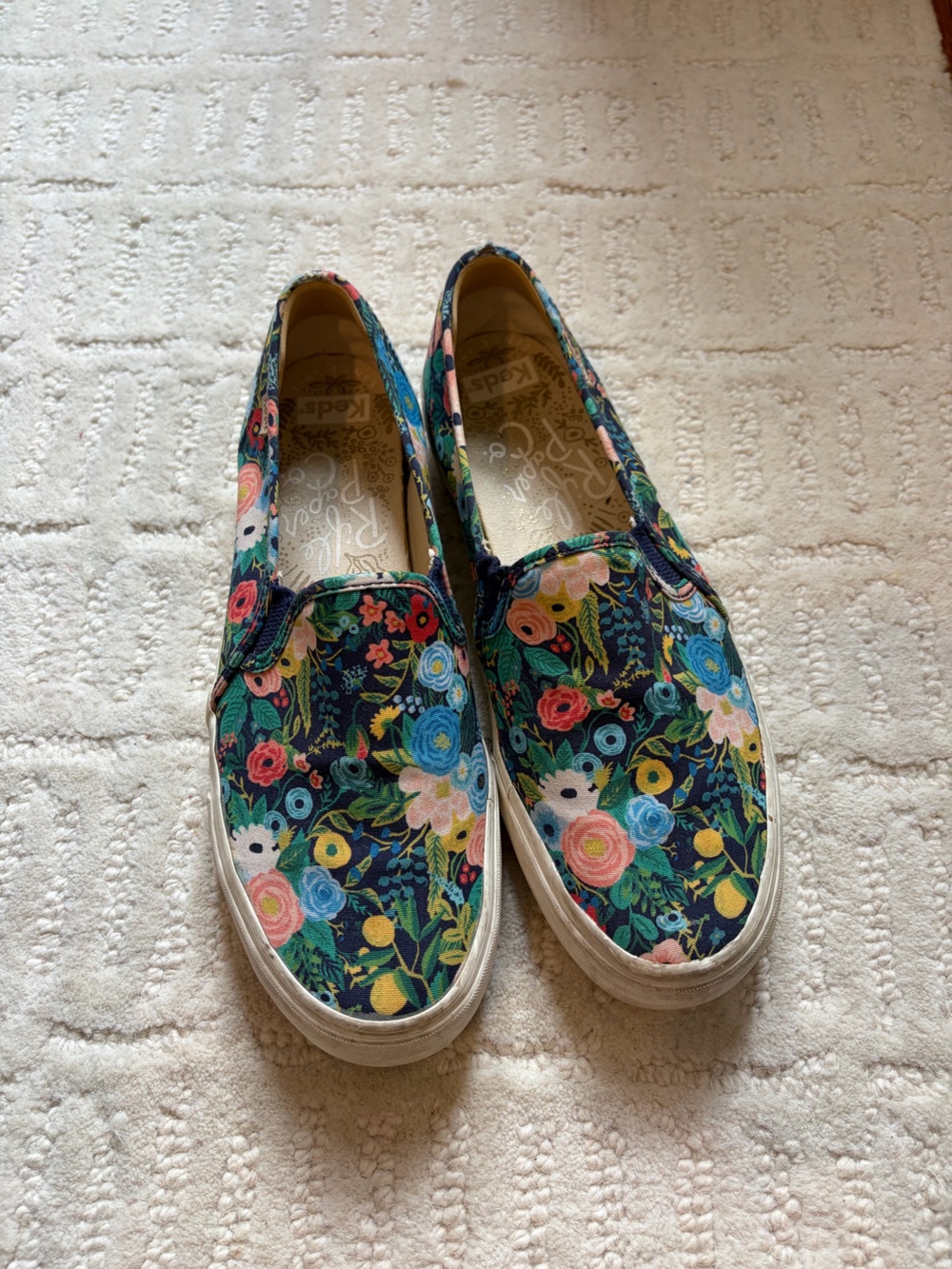 Keds Floral Slip-On Sneakers in Navy with Multicolor Blooms Rifle Paper Collab